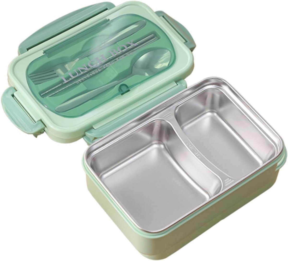 SnelShoppen - RVS Lunch Box 304, Voedselcontainers, Lekvrij met Lepel en Eetstokjes, Voor School, Kantoor, Reizen, Thuis en Buiten (GROEN)