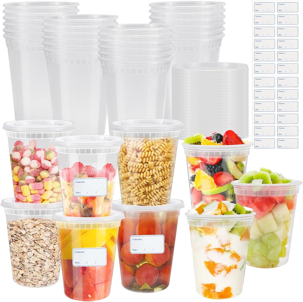 SnelShoppen - Set van 24 Plastic Bewaarboxen met Deksel, Herbruikbare Voedselopslag Bekers, 950 ml Plastic Vershoudcontainers voor Soepen, Snacks, Keu