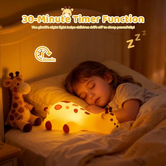 Nachtlampje voor kinderen - Siliconen giraffe nachtlampje - 3 instelbare helderheidsniveaus - Touchbediening - 7 kleuren - Timerfunctie - Oplaadbaar, geschikt voor baby's en peuters - Decoratief lampje - Cadeau voor de slaapkamer — afbeelding 5