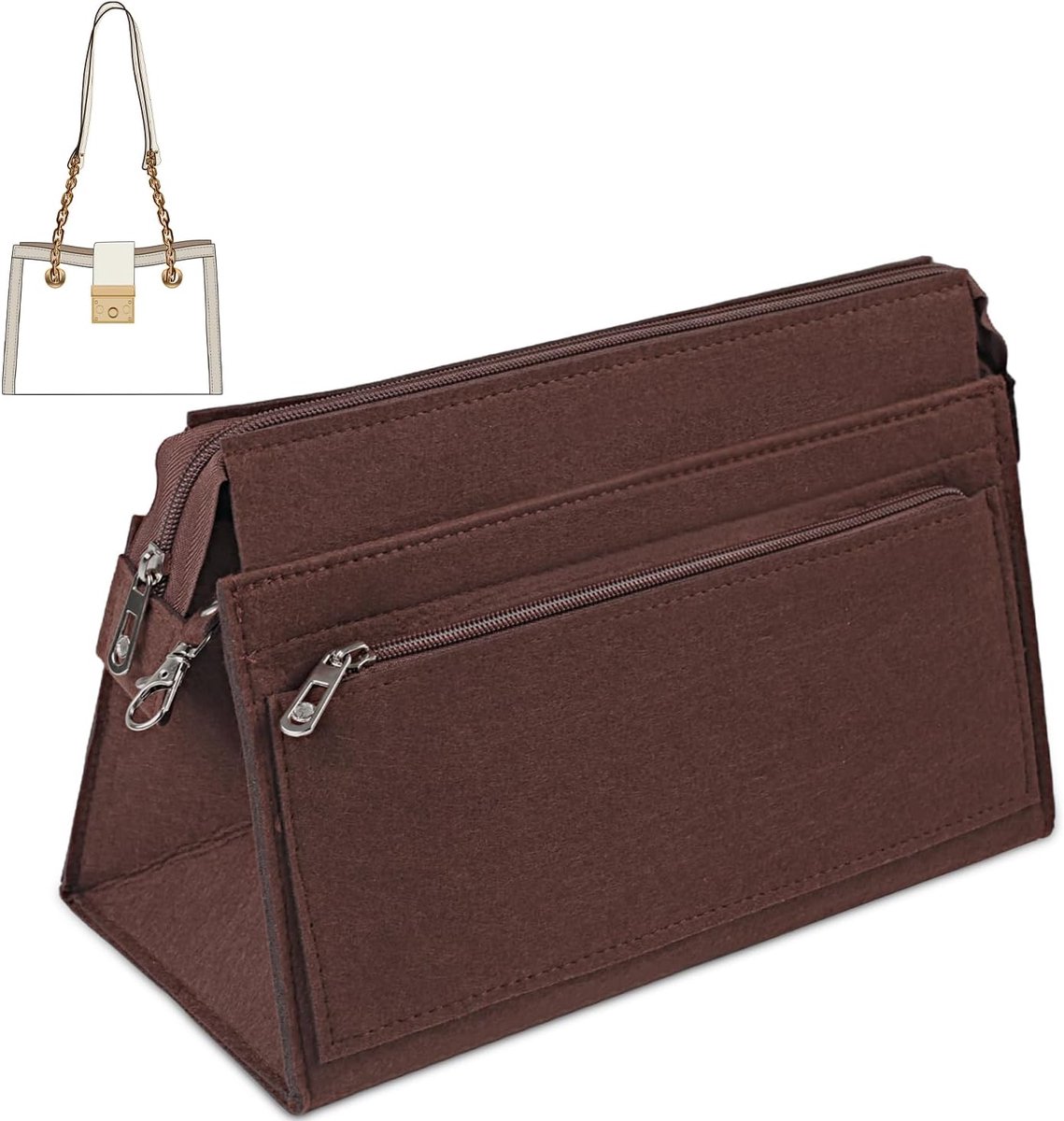 SnelShoppen - Handtas Organizer Inzetstuk Zipper Sluiting met Sleutelhanger, Lichtgewicht en Duurzaam, Koffiekleur, Perfect voor Elke Handtas