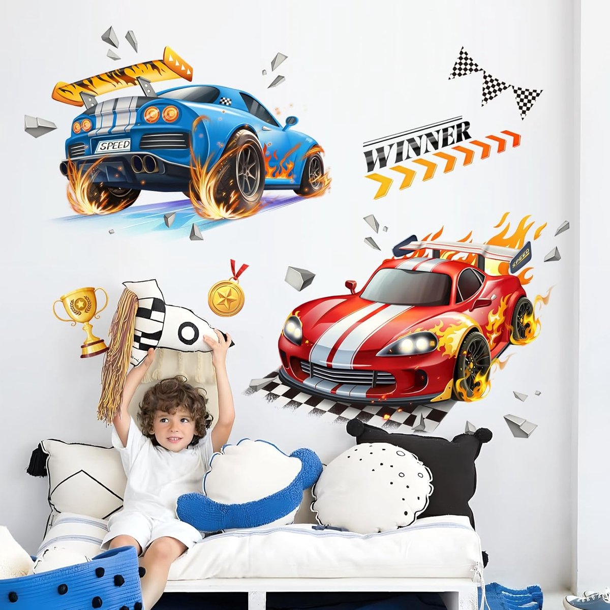 SnelShoppen - 3D Auto Wandsticker Racing Auto Kinderkamer Muurdecoratie voor Jongens Breukwand Sportauto Babykamer Woonkamer Slaapkamer