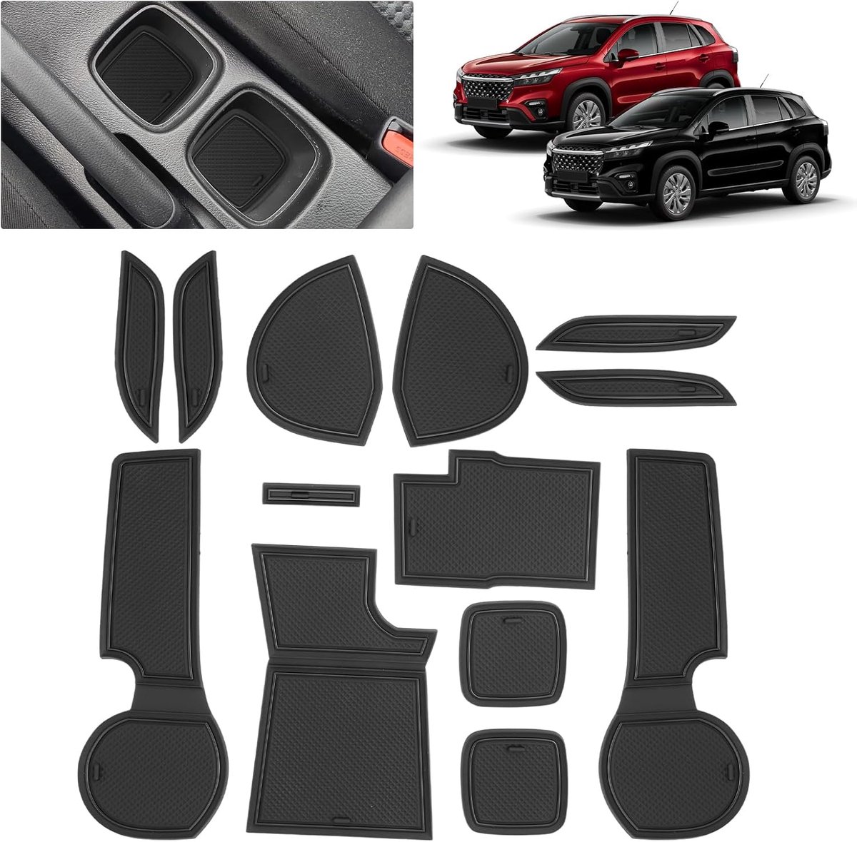 SnelShoppen - Anti-slip Vloermatten voor Suzuki S-Cross III 2021-2026, Rubber Matten voor Console, Bekers en Deur Compartimenten, Zwart