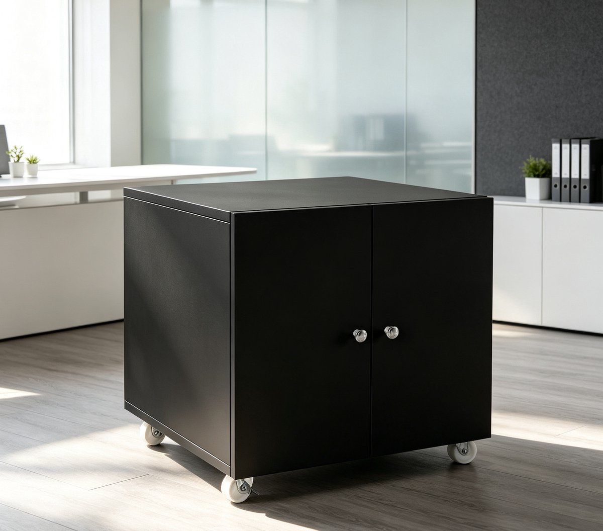 Metalen Printerstandaard met Wielen Archiefkast met 2 deuren en verstelbare planken voor thuiskantoor (Zwart, 60x60x60 cm)