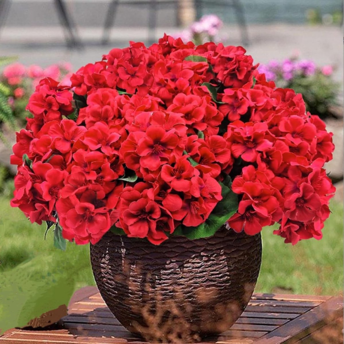 SnelShoppen - 6 stuks 14 inch kunstgeranium bloemen voor buiten, rode zijde geraniums UV-bestendig voor tuin, bruiloft, keuken tafelcentra decoratie