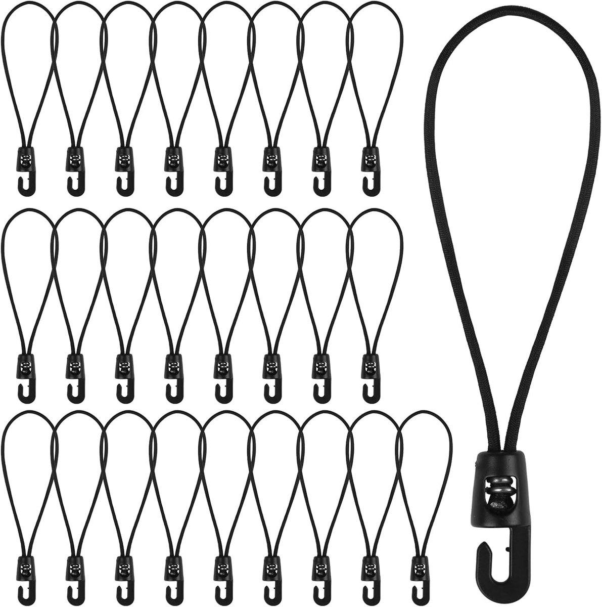 SnelShoppen - 25 Stuks Bungee Cords met Haken, 15cm Multifunctionele Bungee Lussen, Weerbestendige Haken voor Kamperen, Tenten, Zeilen en Fixaties (Zw
