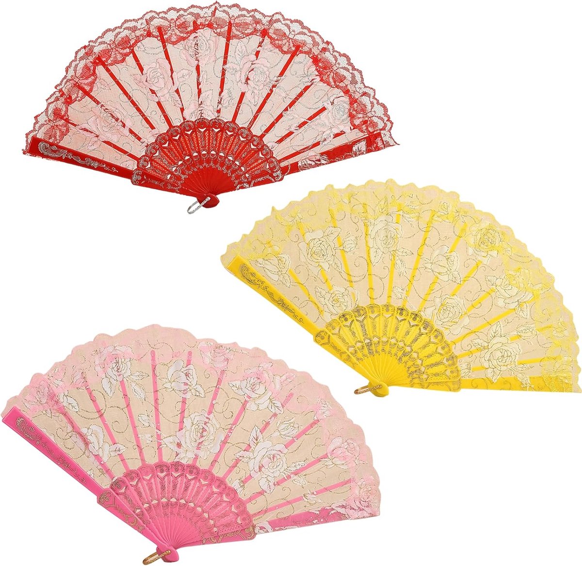 SnelShoppen - 3 Stuks Kanten Handventilator, Vouwventilatoren in Roze, Wit, Zwart en Blauw voor Bruiloften, Vintage Chinese en Spaanse Stijl, Draagbar