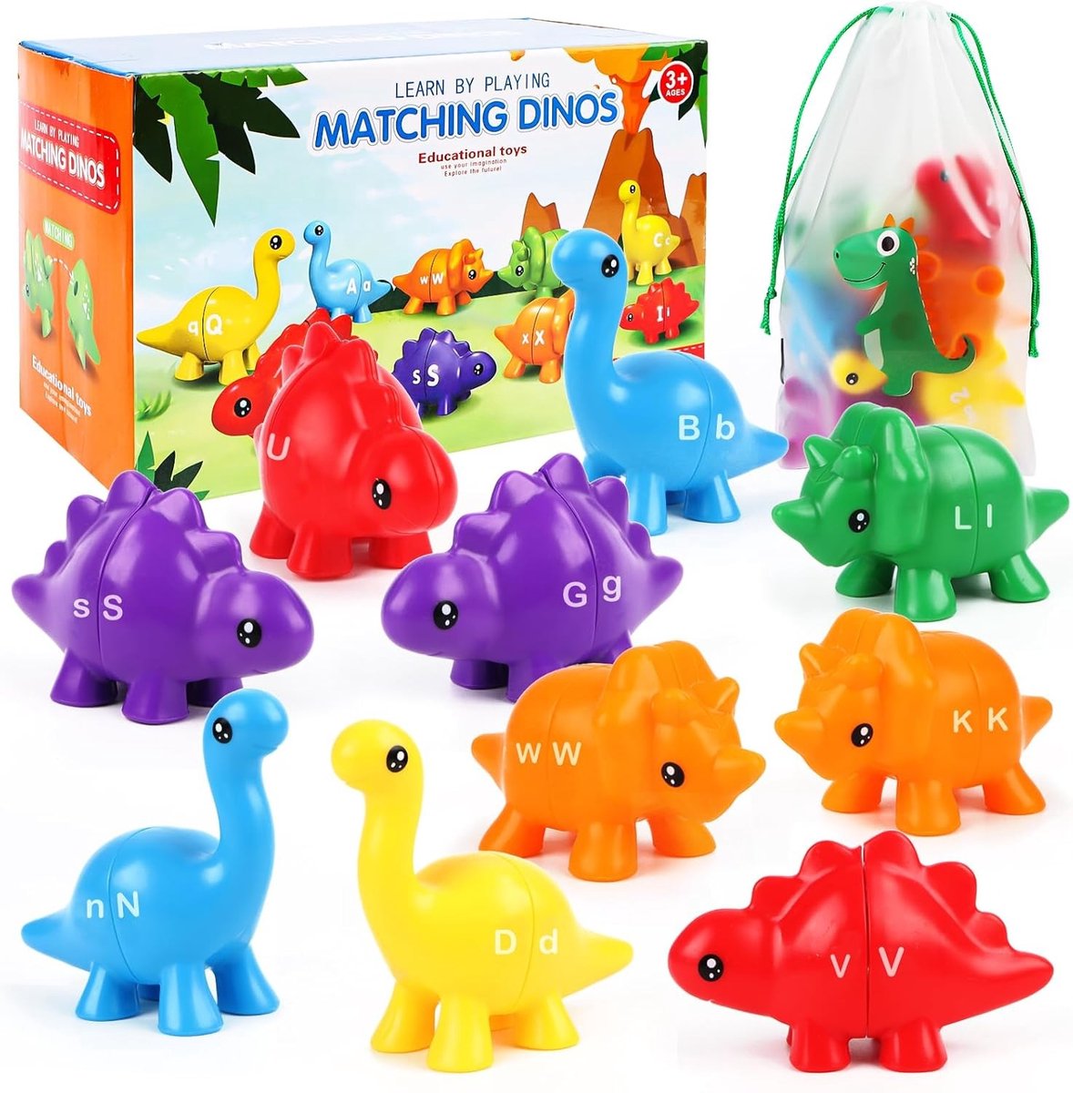 Educatief Dino Alfabet Spel met 26 Stuks, Perfect voor Peuters om Motorische Vaardigheden en Kleurherkenning te Ontwikkelen