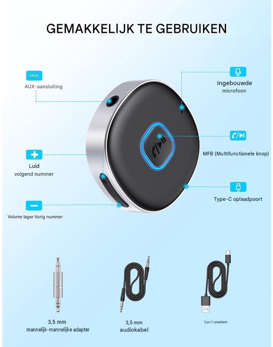 GELLDG AUX Bluetooth-autoadapter - Draadloze Bluetooth 5.0-ontvanger geschikt voor auto, audio-installatie thuis en bedrade hoofdtelefoons - 3,5mm AUX-adapter - Auto-equalizer - Ondersteunt verbinding met twee apparaten - Batterijduur van 10 uur — afbeelding 4