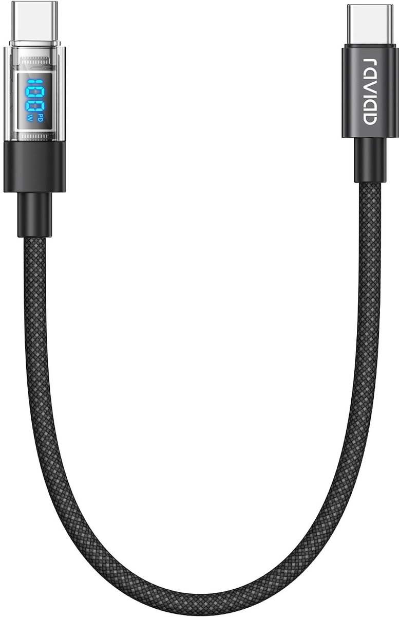 SnelShoppen - 100W USB-C naar USB-C Kabel 0.5m met LED Display, 5A Snelladen voor iPhone 17/16/15 Pro Max, Galaxy S25/S24/S23/S22, iPad Pro, MacBook A