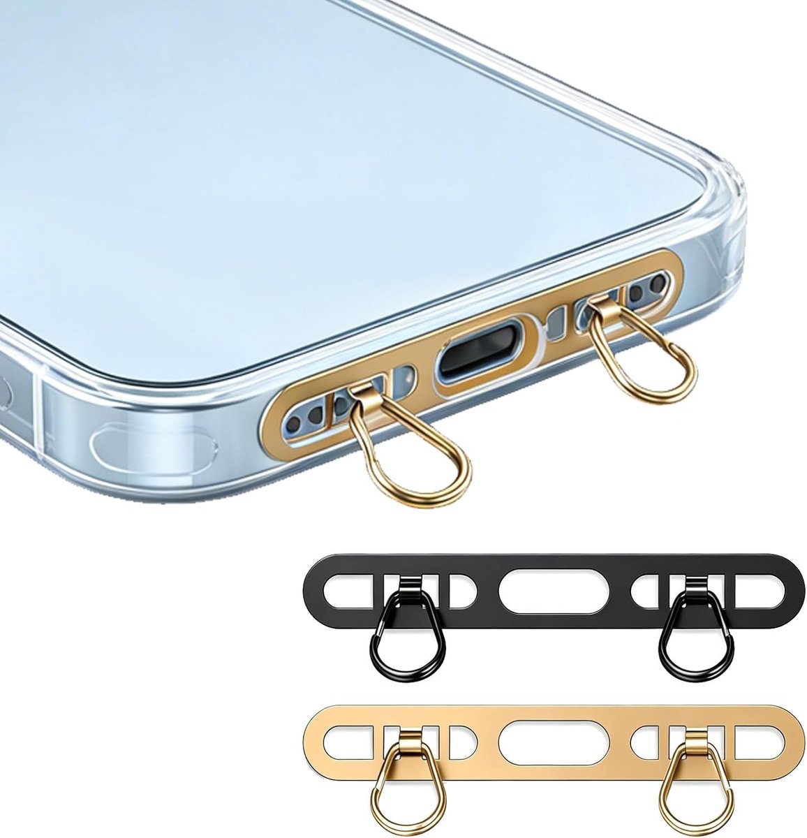 2 stuks ultraslanke telefoonkoordhouder van roestvrij staal met 2-ring metalen tether tab voor telefoonhoesjes, universele koord patch (champagnegoud + zwart)