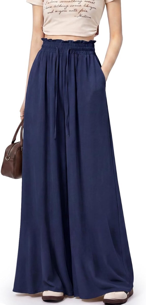 Broek met wijde pijpen voor dames, elastische hoge taille, zomer, dames, losse pasvorm, casual loungebroek met zakken