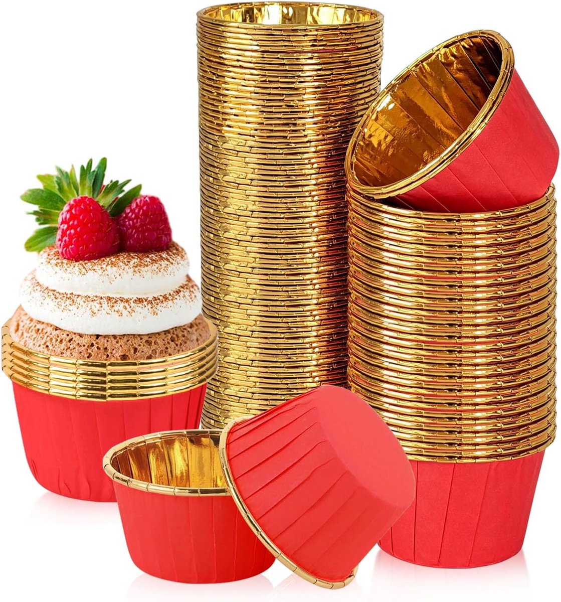 muffinvormpjes, 150 stuks muffin cupcakevormen, bakvormpjes, muffinvormpjes, cupcake-muffinvormpjes van aluminiumfolie, papieren vormpjes, liners, wrapper papier voor bruiloft, feest (rood)