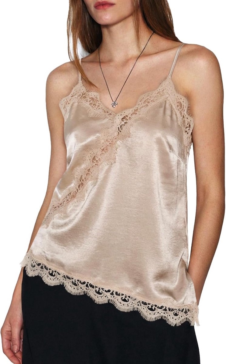 Bell Dames kanten tops V-hals satijn tanktop mouwloos rugvrij camisole zomer spaghettishirts met asymmetrische zoom