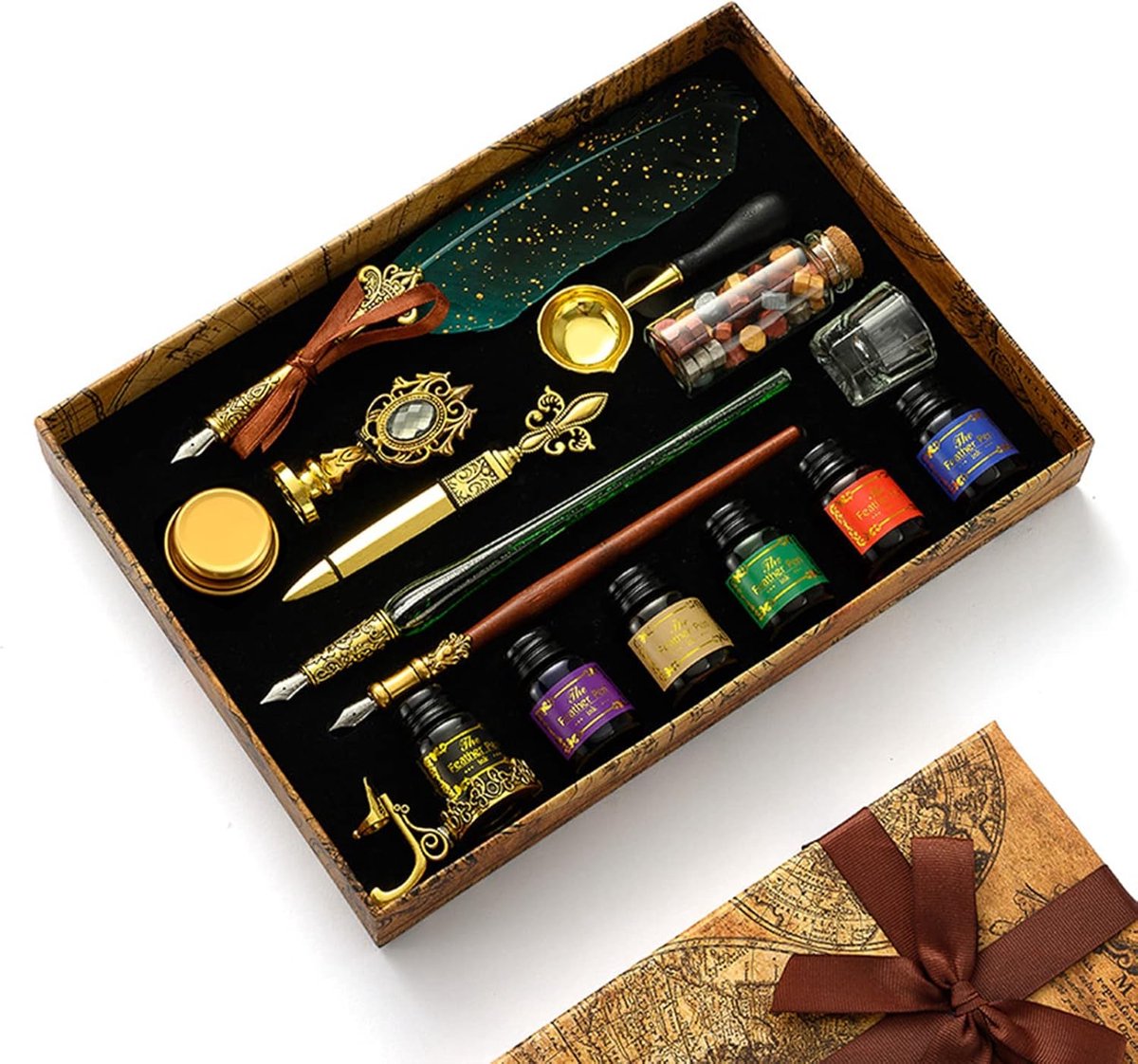 Quill Pen en inkt set, kalligrafie veer pen set met dip pen, 18 vervangbare penpunten, 6 inkt, wax zegel stempel, wax zegel, thee was, envelop openingsgereedschap, beker, kunstcadeau voor