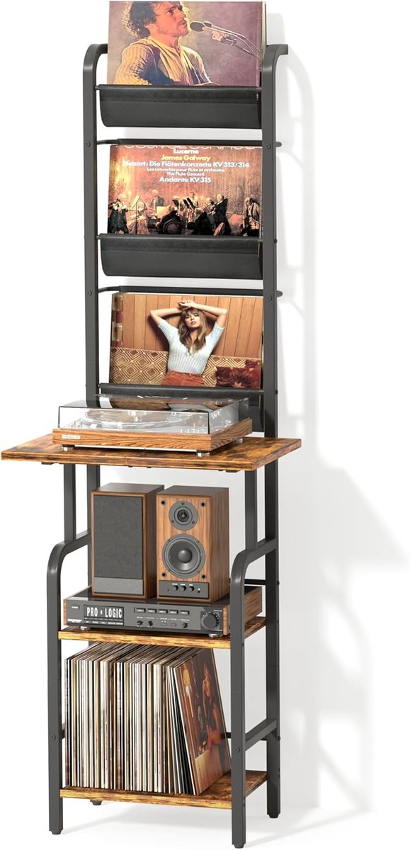 Hoge Platenspeler Standaard met Vinyl Opslag – Turntable Meubel met Wandmontage en Display Plank, Vinyl Rek voor Tot 200 Albums voor Woonkamer of Slaapkamer
