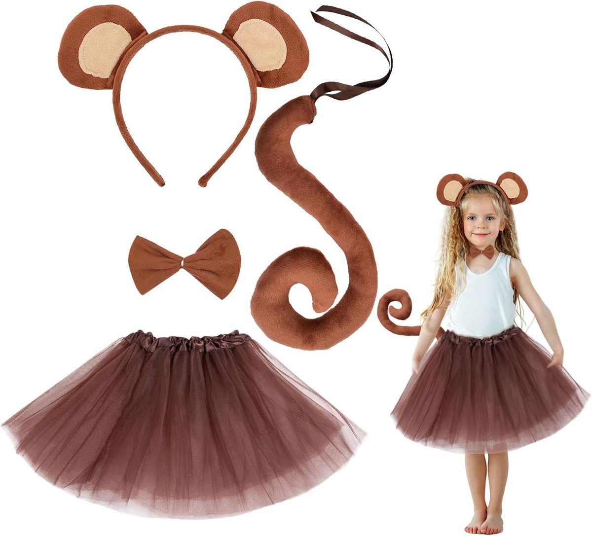 Kostuums, dierenkostuum, hoofdband, lange staart, aap, meisjes, tutu, vlinderdas, aap, cosplay voor kinderen, Halloween, carnaval, party, fancy kostuum