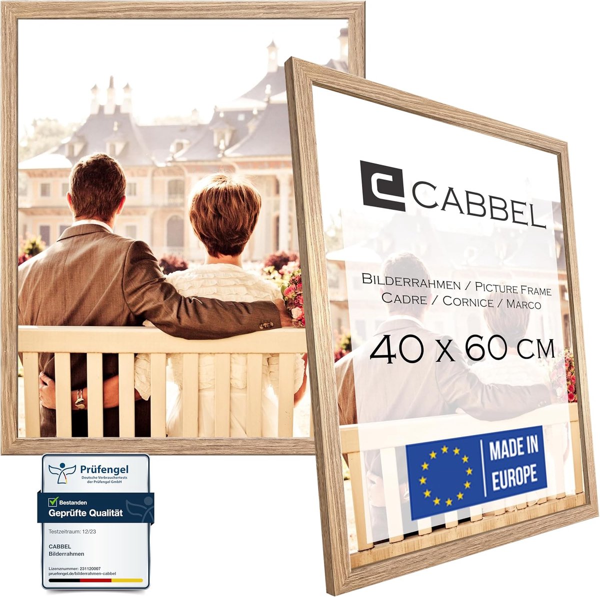 SnelShoppen - Set van 2 Fotolijsten 40 x 60 cm, Eiken, Stevige MDF Houten Lijst, Schokbestendig Perspex Glas voor Ophangen, Ideaal voor Foto's en Coll