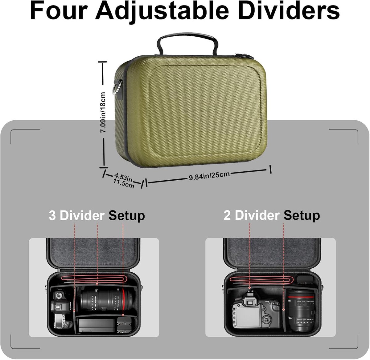 Hard Shell cameratas voor Canon Rebel T7/EOS R100/R50/DSLR/SLR/Nikon/Sony/spiegelloze camera's, zachte gewatteerde digitale camera reistas met 1 schouderriem en 3 verstelbare verdelers -groen thumbnail 4