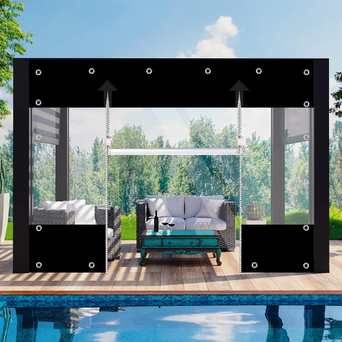 zeil, 650 g/m², pvc-zeil, outdoorgordijn met ritssluiting, waterdicht afdekzeil, windbescherming en regenbescherming voor paviljoen, balkons, terrassen (zwart, hoogte 2,1 m x breedte 3 m)