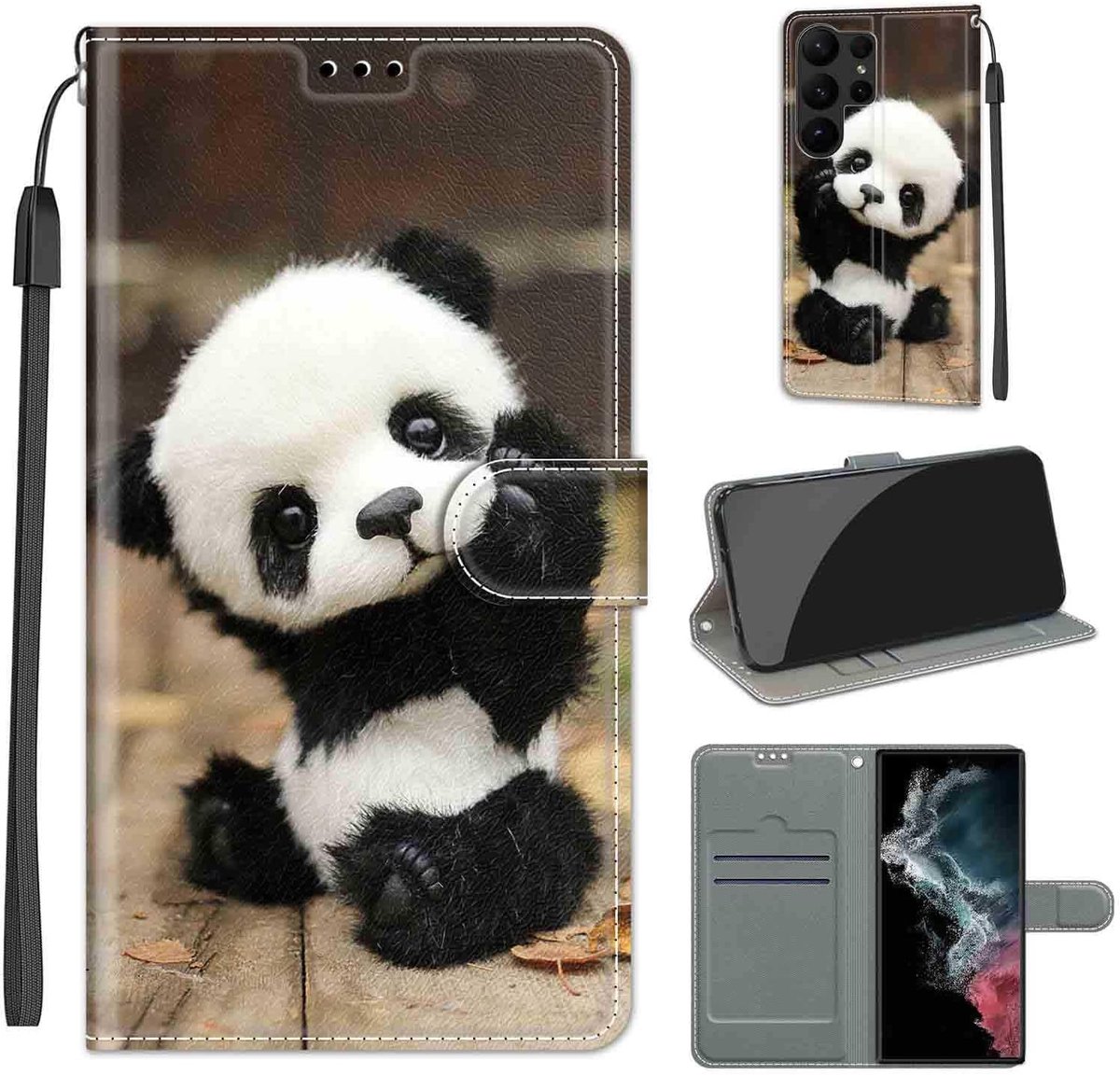 Hoes voor Samsung Galaxy S23 Ultra, panda | Duurzaam PU-leer, Klaphoes met rondom bescherming, Kaartsleuven, Standfunctie
