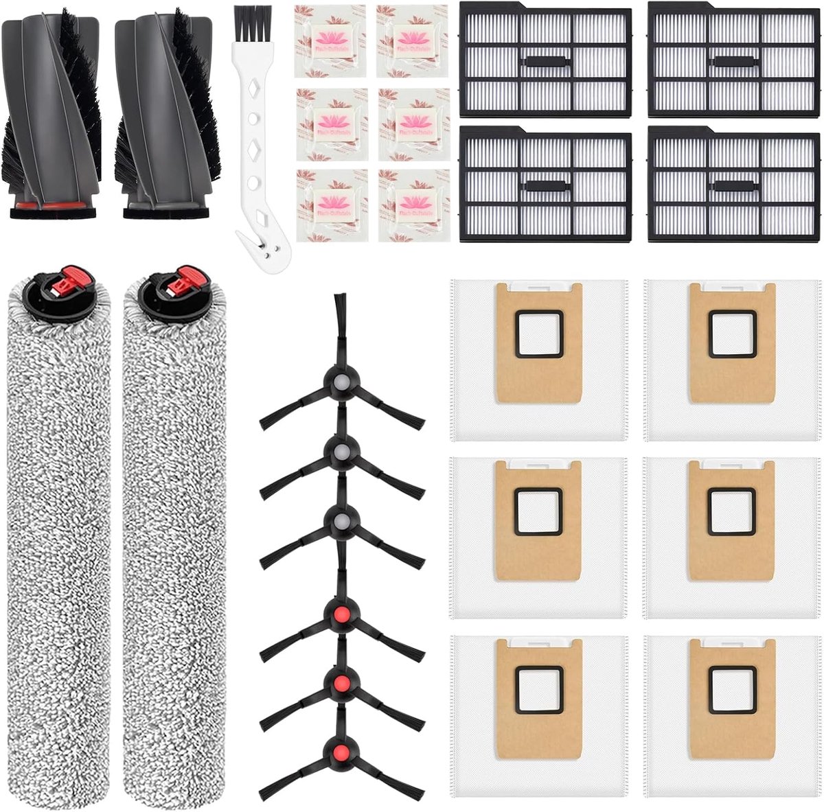 Reserveonderdelenset voor eufy Omni E25/Omni E28,1 paar hoofdborstels, 2 roller-doekjes, 4 linker filters, 6 zijborstels, 6 stofzakken, 6 platte geurstenen, 1 reinigingsborstel