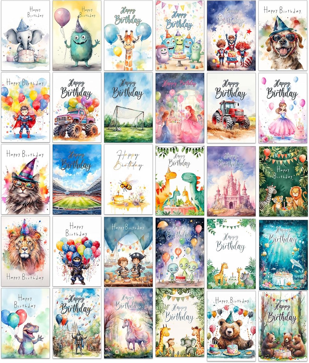 Verjaardagskaarten voor kinderen - 30 verschillende kaarten - kleurrijke thema's - perfect voor elke kind - ShopVlot