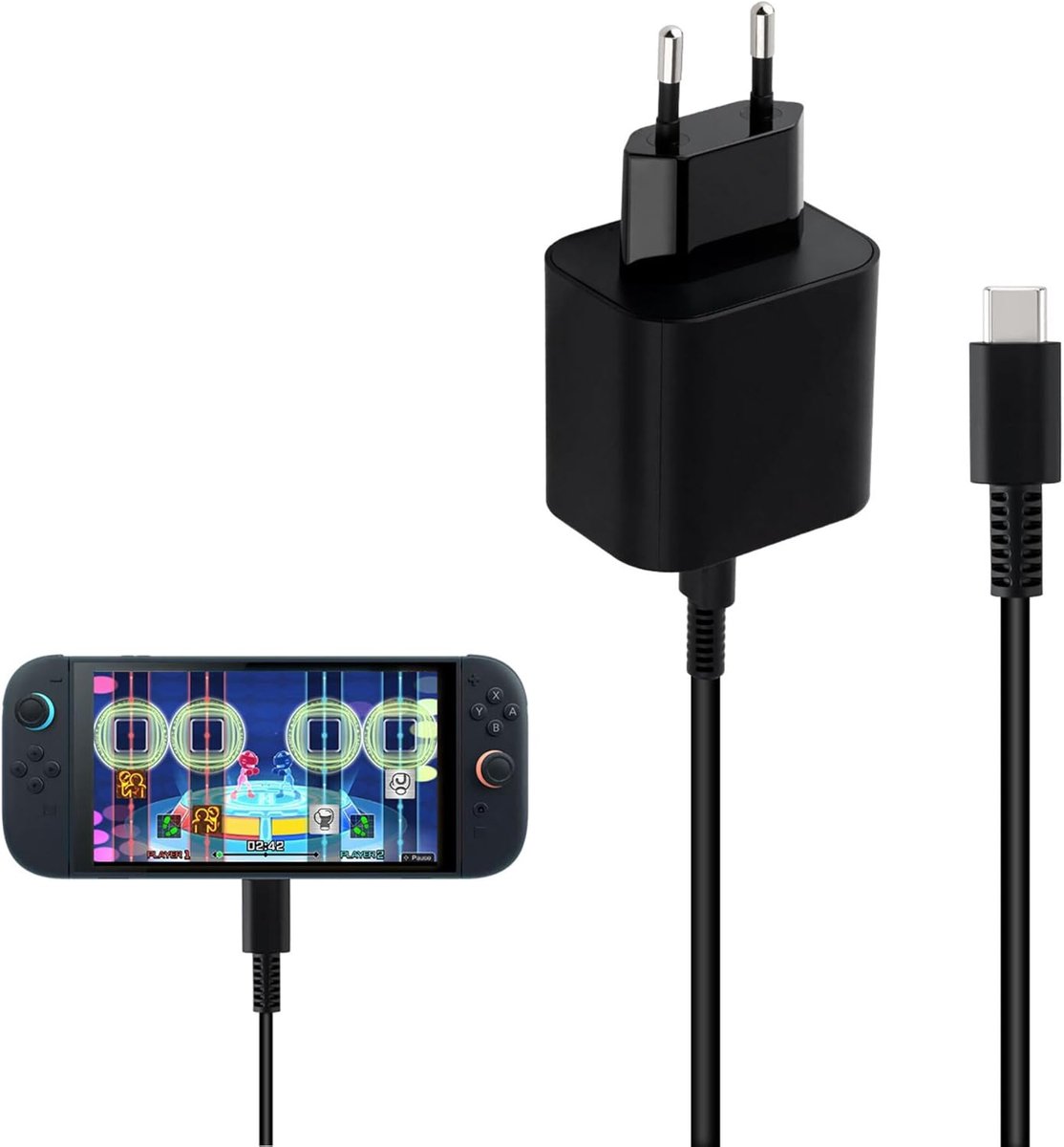 Voeding 60 W voor Switch/Switch 2/OLED/Lite/Steam Deck/Controller Switch Pro oplader met 1,5 m USB-C-kabel voor tv-dock, meervoudige bescherming, snel opladen