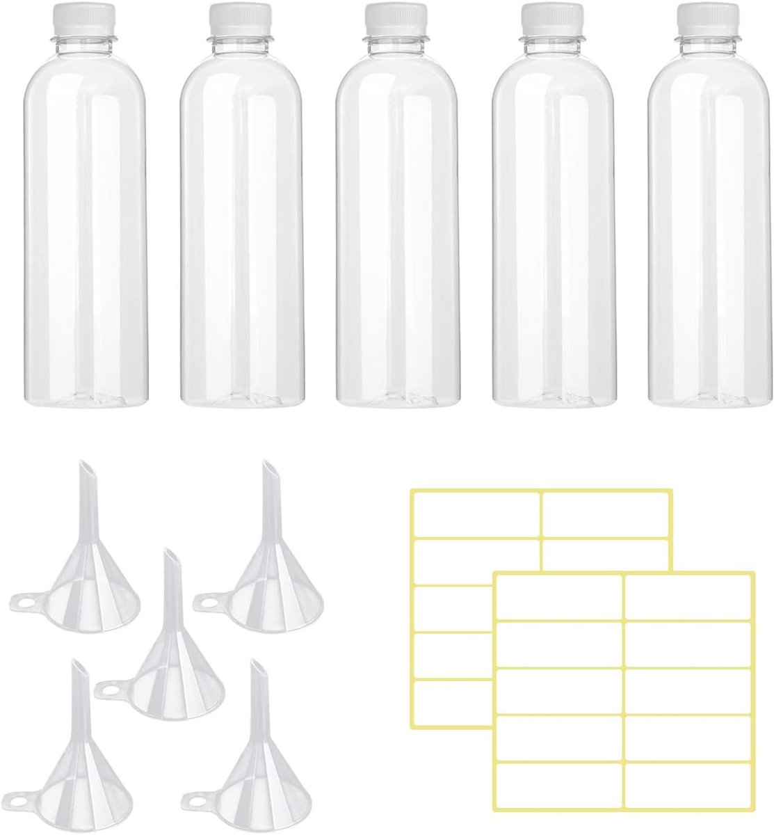 SnelShoppen - Set van 5 heldere plastic flessen 100 ml met schroefdop, reisvriendelijk, inclusief 5 trechters en 20 etiketten voor lotion en make-up r