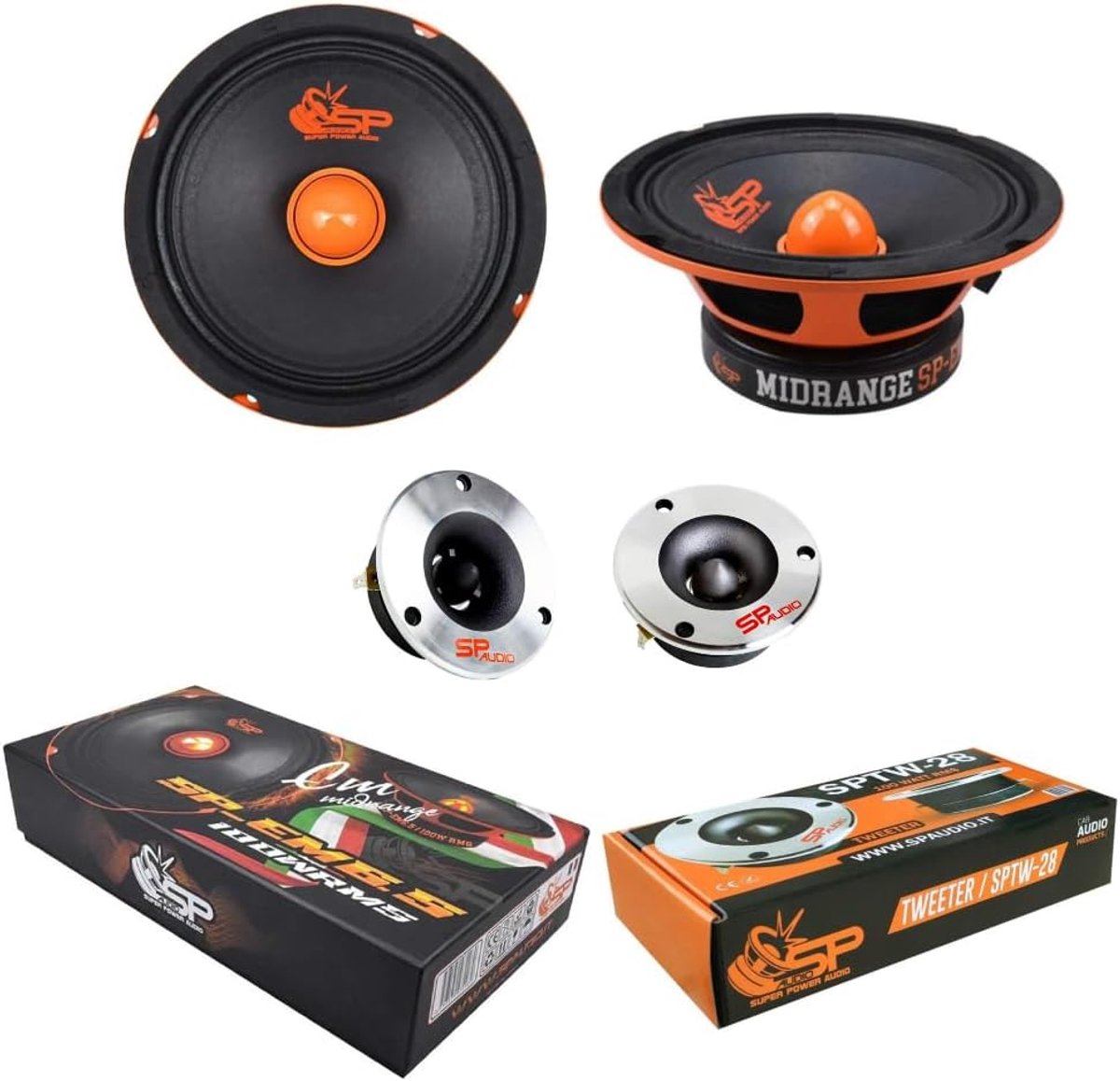 SnelShoppen - Auto Geluid Kit Set met 2 SP-EM6.5 Midranges 16.5cm 4 Ohm 100 Watt RMS + 2 SPTW28 Tweeters 9.5cm 4 Ohm voor Optimaal Geluid in Auto