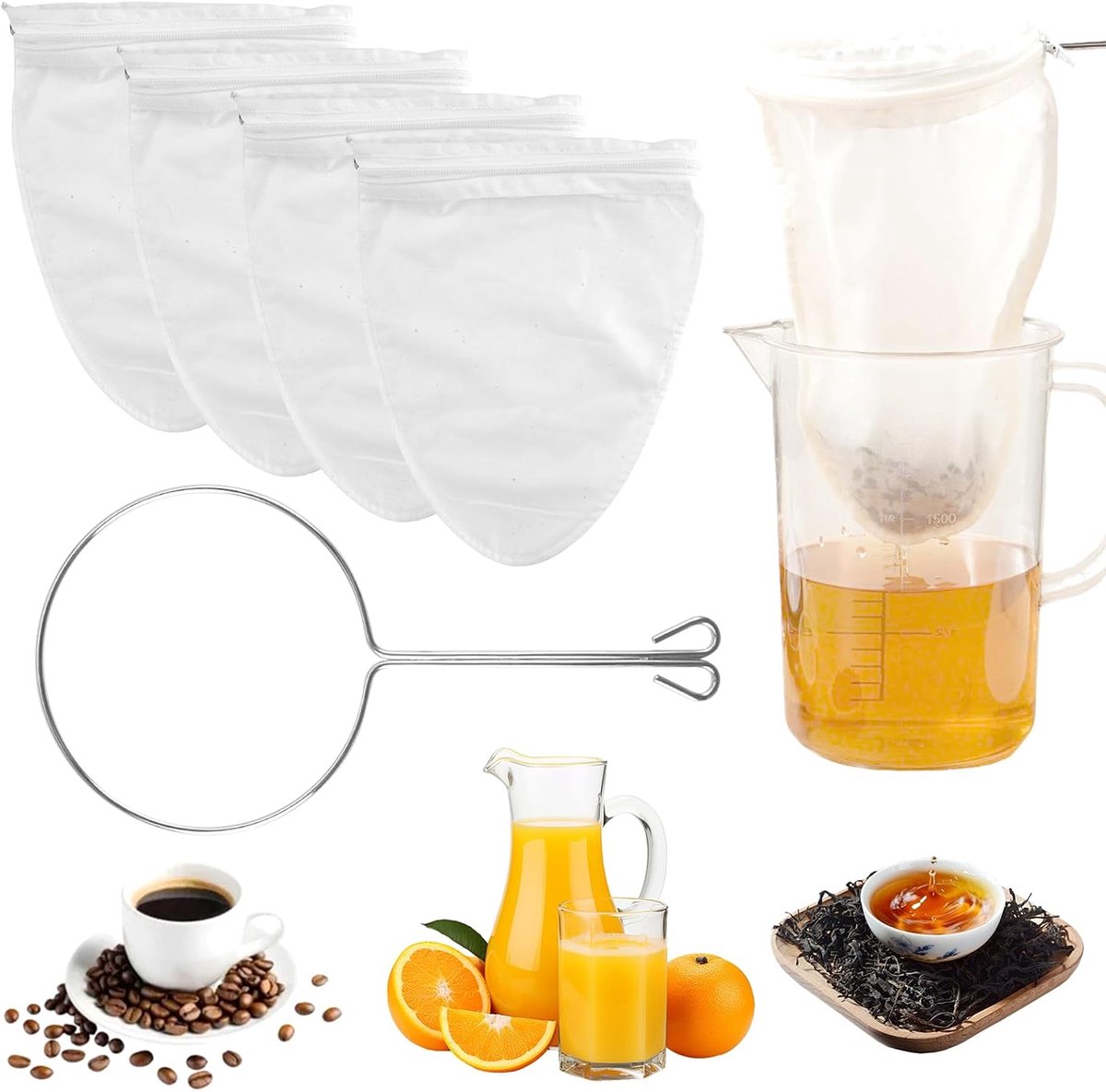 4 stuks notenmelkzakjes met standaard, katoenen zeefzak, wit | Herbruikbaar, notenmelkzak, biologisch wasbaar, met ritssluiting, wasbaar, voor notenmelk, vruchtensap, sojamelk, koffie