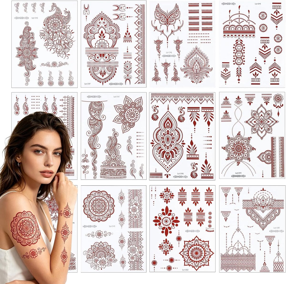 Tattoo sjablonen Bruin 12 Bladzijdes Mehndi Stickers voor Handen, Tijdelijke Watervaste Tattoo Sjablonen Set, Tattoo Sjablonen Stickers voor Volwassenen, Vrouwen, Mannen, Tieners, Onderarm