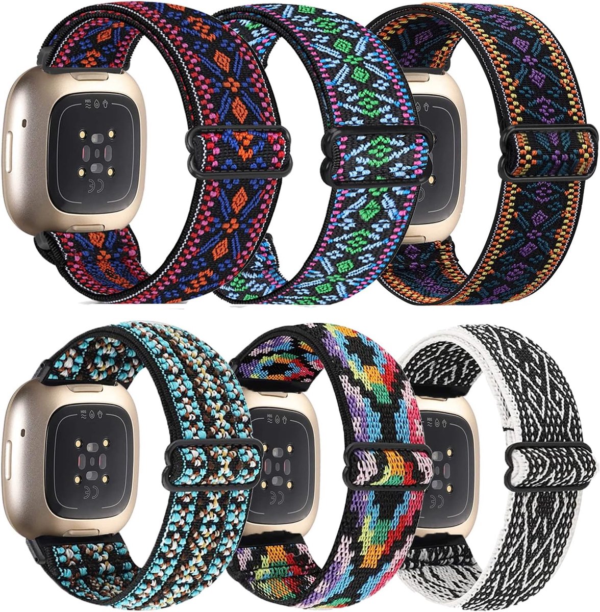 6 stuks elastische nylon bandjes compatibel met Fitbit Versa 3 / Sense, verstelbare nylon vervangende bandjes voor Fitbit Versa smartwatch voor dames en heren