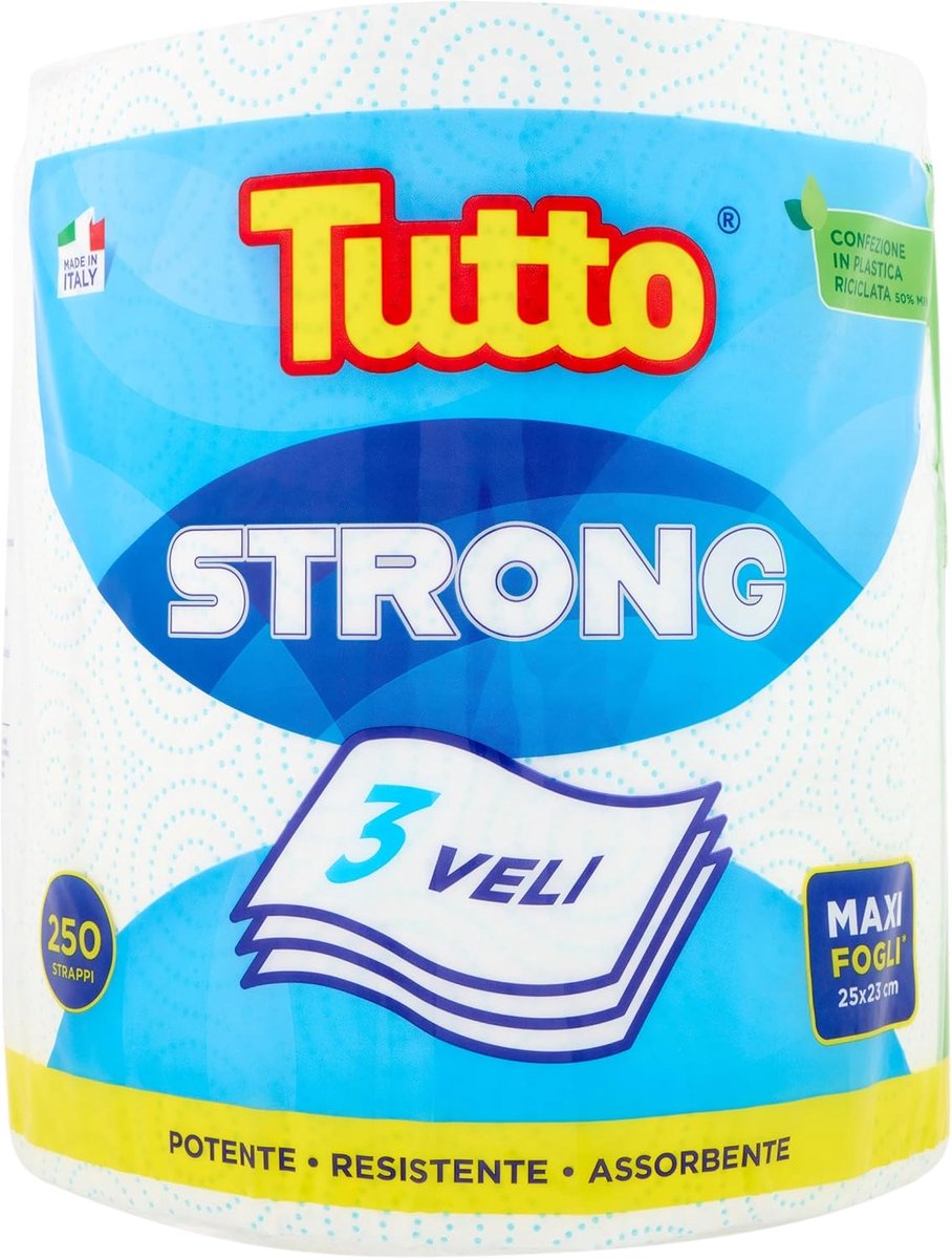 Tutto Strong, 1 rol multifunctioneel papier, extra sterk, 250 vellen, 3-laags, ideaal voor reinigen en drogen, 100% - ShopVlot