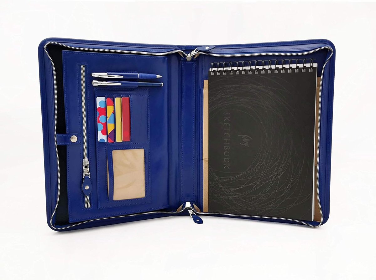 Executive lederen portfolio, professioneel business padfolio met ritssluiting, planner, organizer, documenten-organizer, heren schrijfmap, blauw