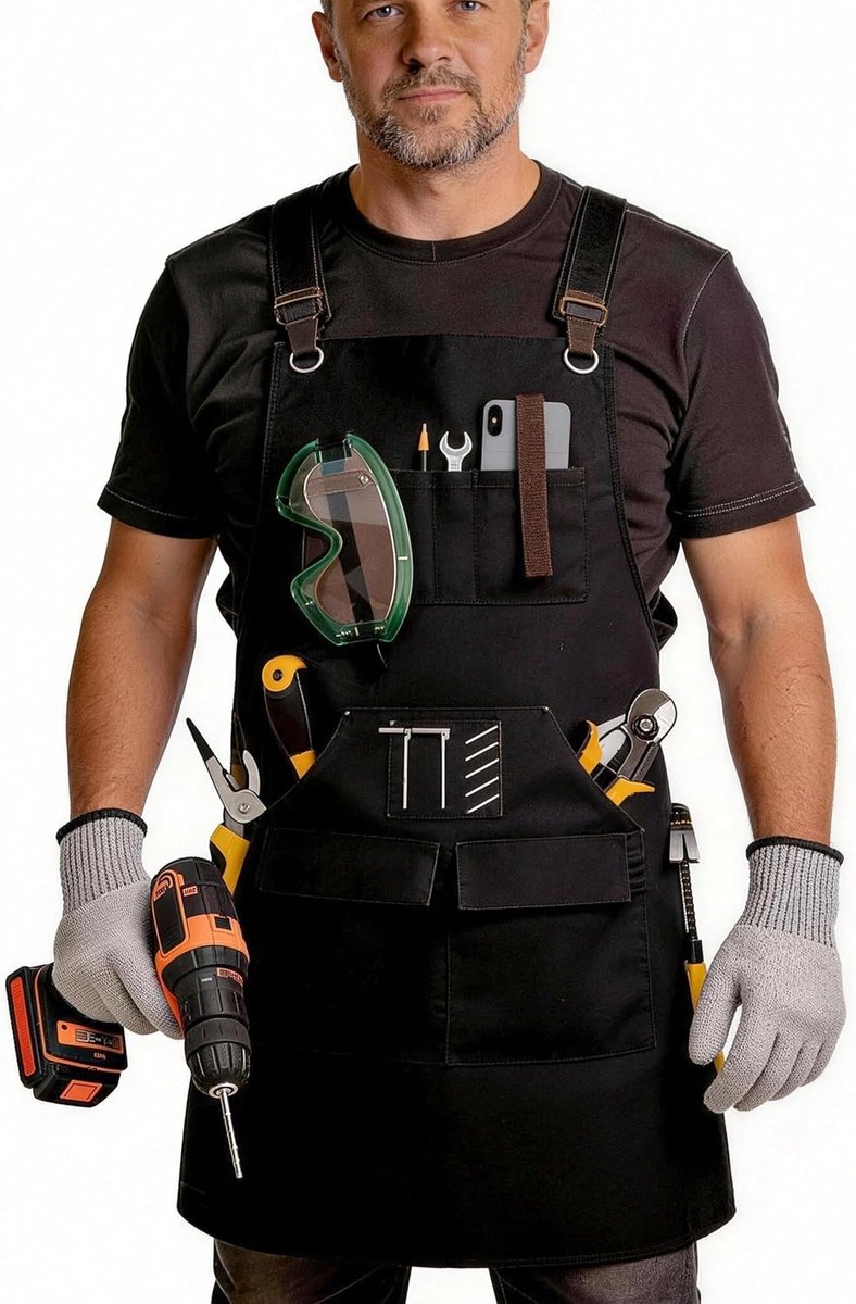 20oz Waxed Canvas Work Apron Men - Heavy Duty Waterproof Woodworking Apron with 9 Pockets, Magnetic Patch & Cut-Resistant Gloves - Adjustable Cross-Back S-3XL