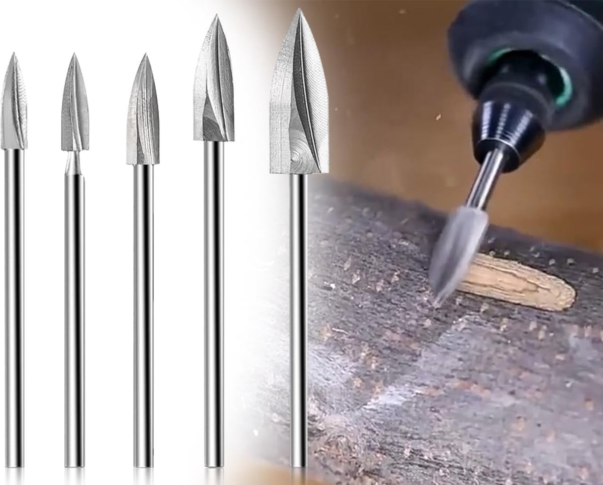 5 stuks houtsnijgereedschap, HSS graveergereedschap, rotatiegereedschap, graveerboor, snijmes, booraccessoires, houtfrees, handboorset, snijmes met 3 mm schacht, voor houtbewerking