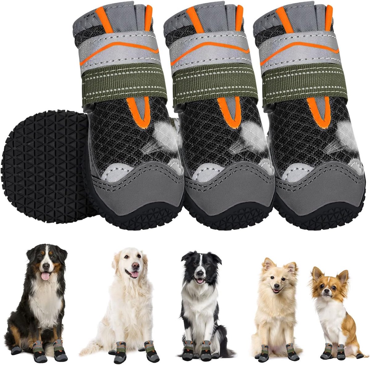Schoenen, pootbescherming, 4 stuks, ademende hondenschoenen, outdoor, met antislipzool, verstelbare reflecterende klittenbandsluiting, hondenlaarzen voor kleine, middelgrote en grote