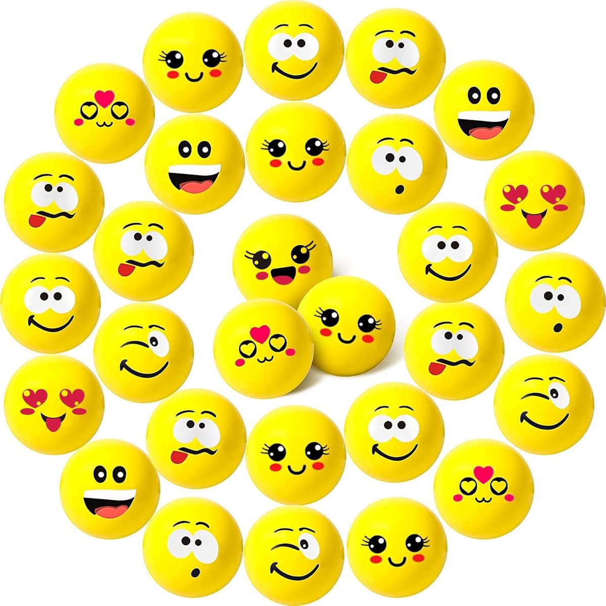 30 stuks stressballen voor volwassenen en kinderen, anti-stressballen, grappig gezicht, glimlach, geel, 4,6 cm, mini-ballen, stressbal, glimlach, vulling, feesttassen