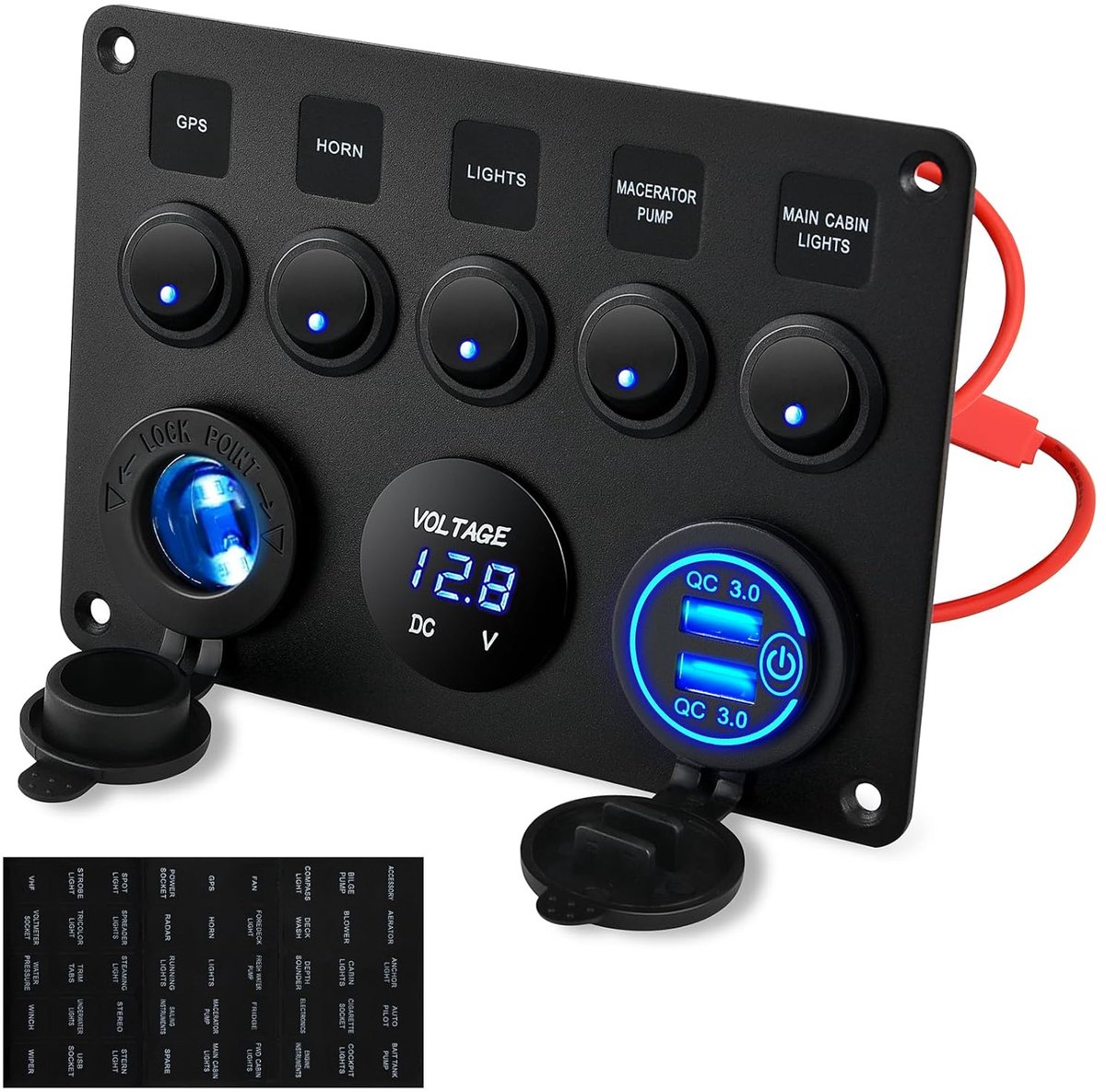 Geüpgraded Schakelpaneel van 12 V/24 V + USB-schakelaar, IP65 waterdichte dubbele USB-oplader, led-voltmeter, sigarettenaansteker, 5 tuimelschakelaars aan/uit, paneel voor auto, marine, boot,