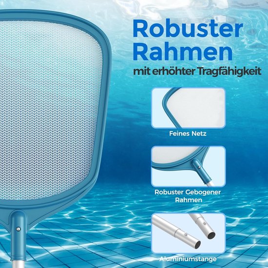 Zwembadschepnet, 145,5 cm, fijn mazig - Met stail, 1,15 m lange aluminium stang, oppervlakteschepnet met 4 stangen voor zwembad, algen en vijver — afbeelding 2