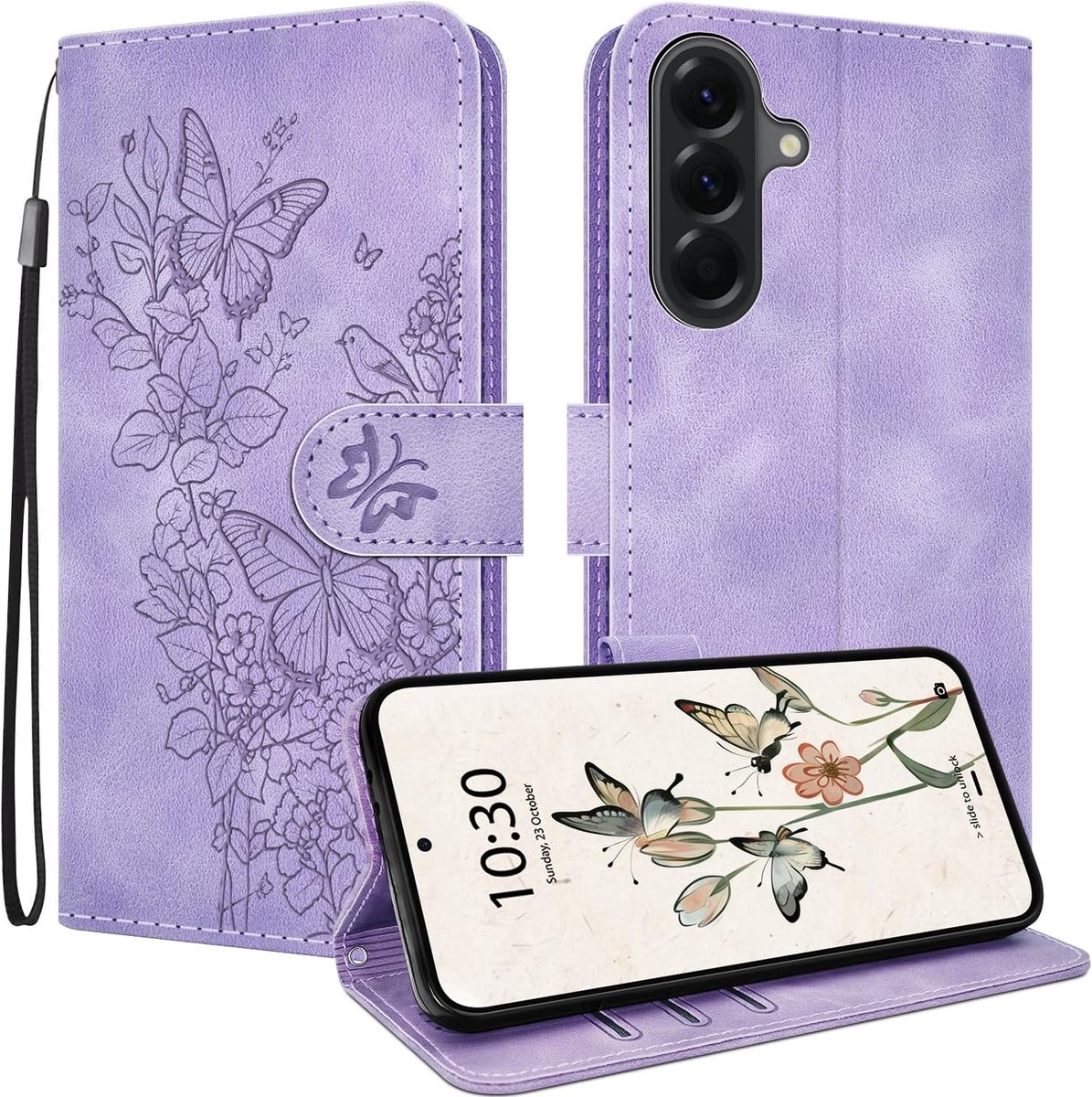 Telefoonhoesje voor Samsung Galaxy A56 5G, vintage vlinderpatroon, PU-leren hoes, kaartsleuven, klaphoes, compatibel met Galaxy A56 5G, paars