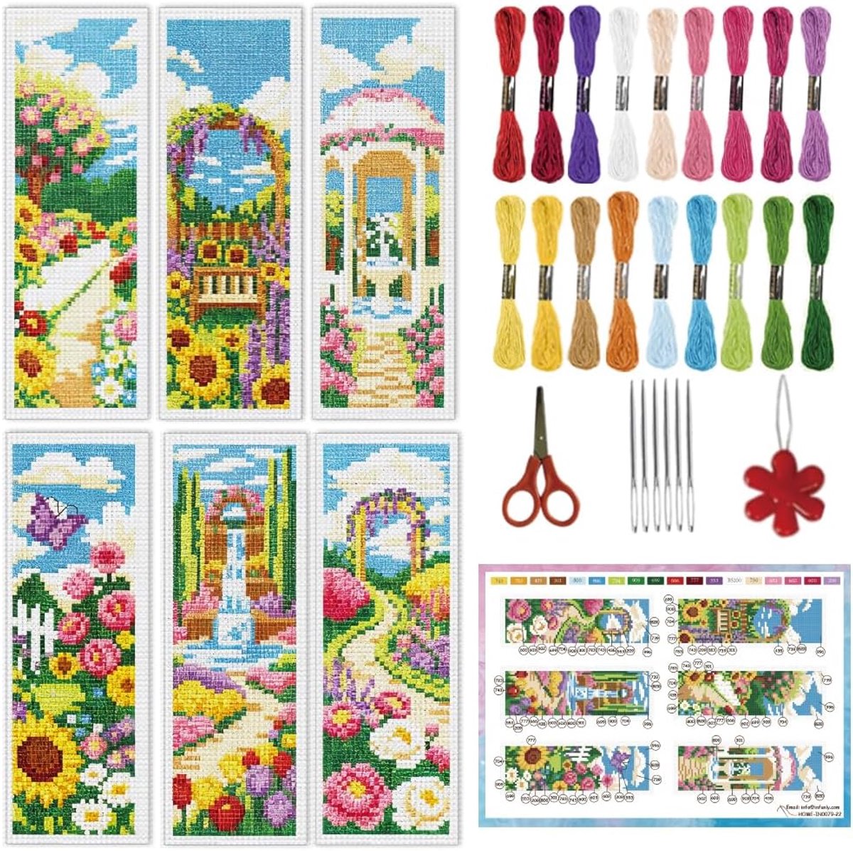 6 Set Kleurrijke Tuin DIY Kruissteek Bladwijzer Kits voor Volwassenen Rose Zonnebloem Geteld Kruissteek Kit met Instructie Bloemen Gestempeld Borduurwerk Bladwijzer Kit voor Boek Liefhebbers