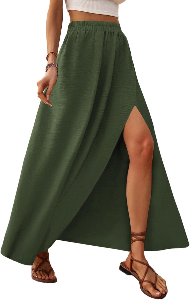 Lange zomerrok voor dames, maxi-rok, elegante rok met split, elastische hoge taille, A-lijn, dunne strandrok, S-XXL
