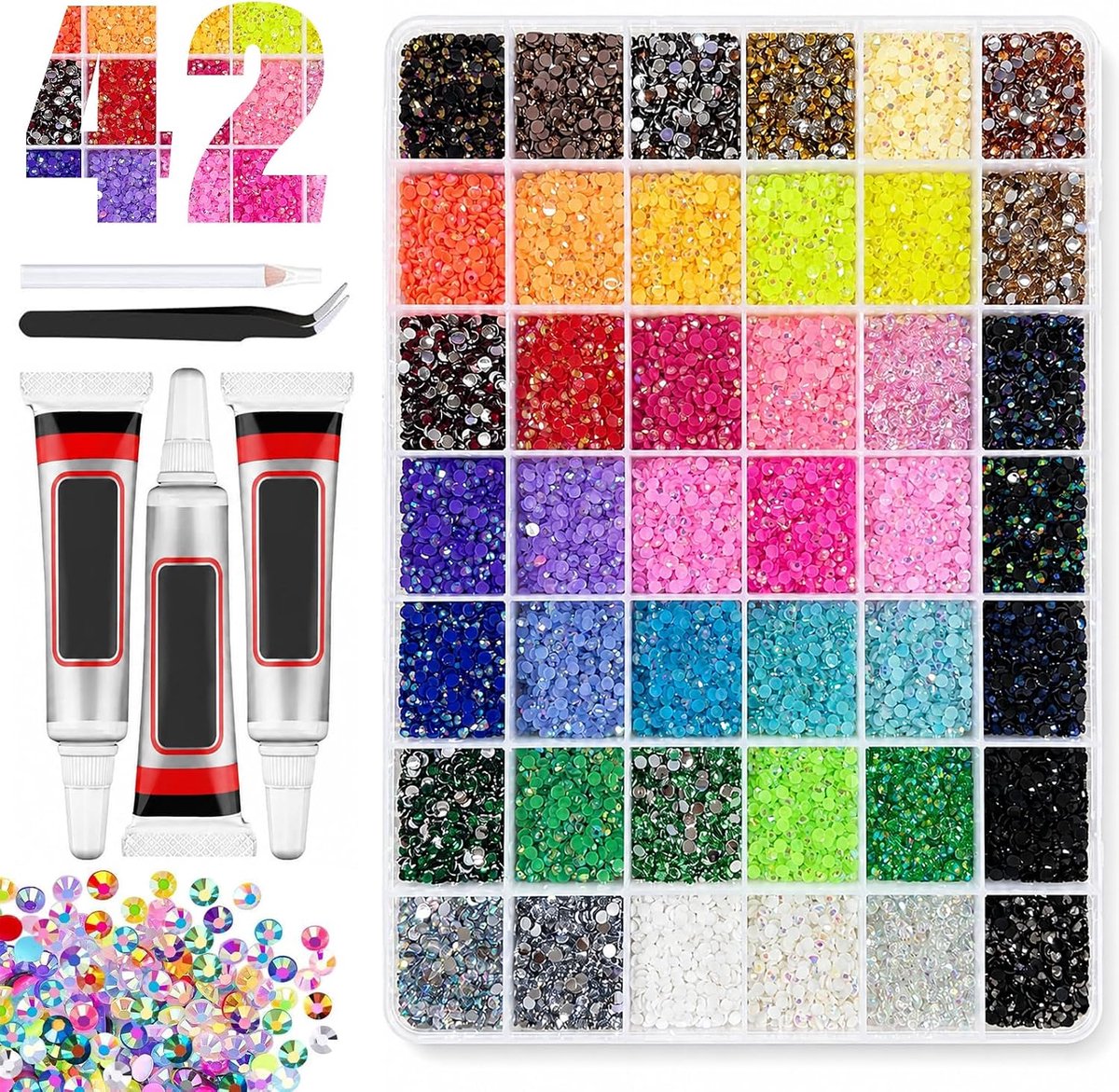 32.000 stuks, 42 kleuren, 3 mm, strass-steentjes om op te plakken, bedazzling kit voor nagels, knutselen, kleding, schoenen, mobiele telefoon, DIY, platte achterkant
