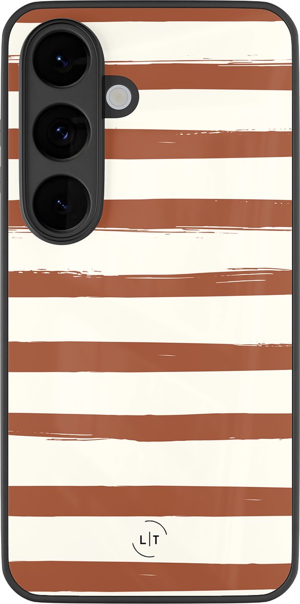 Hoesje geschikt voor Samsung Galaxy S26 - Terracotta stripes - Luxe Glazen Hardcase - Gestreept - Bruin