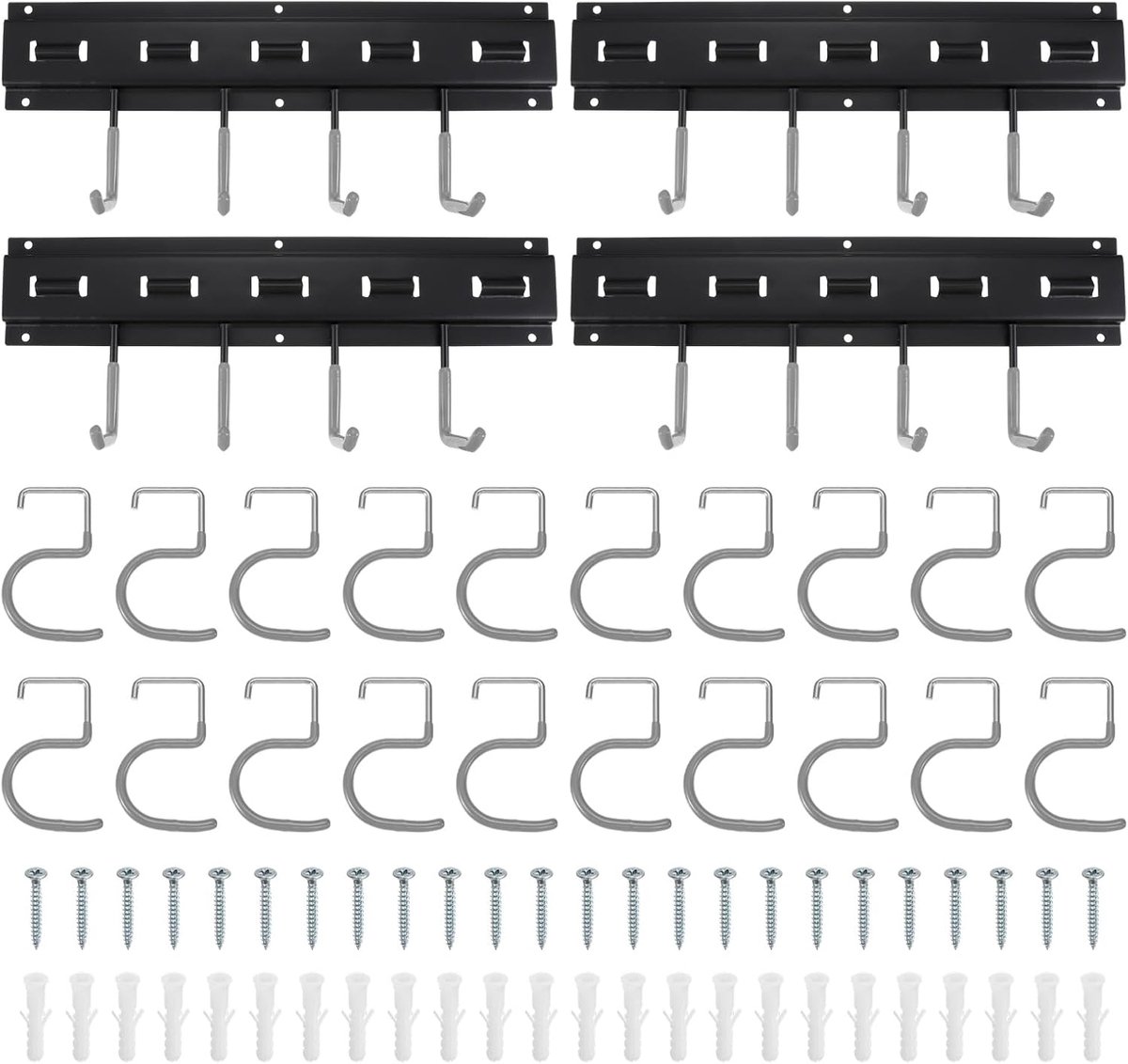 Tuingereedschaphouder 8 x 41 cm ophangsysteem voor tuingereedschap, gereedschapshouder wandmontage met grijze haken voor garage, gereedschapsschuur, kelder, gereedschapswand, harken, bezems