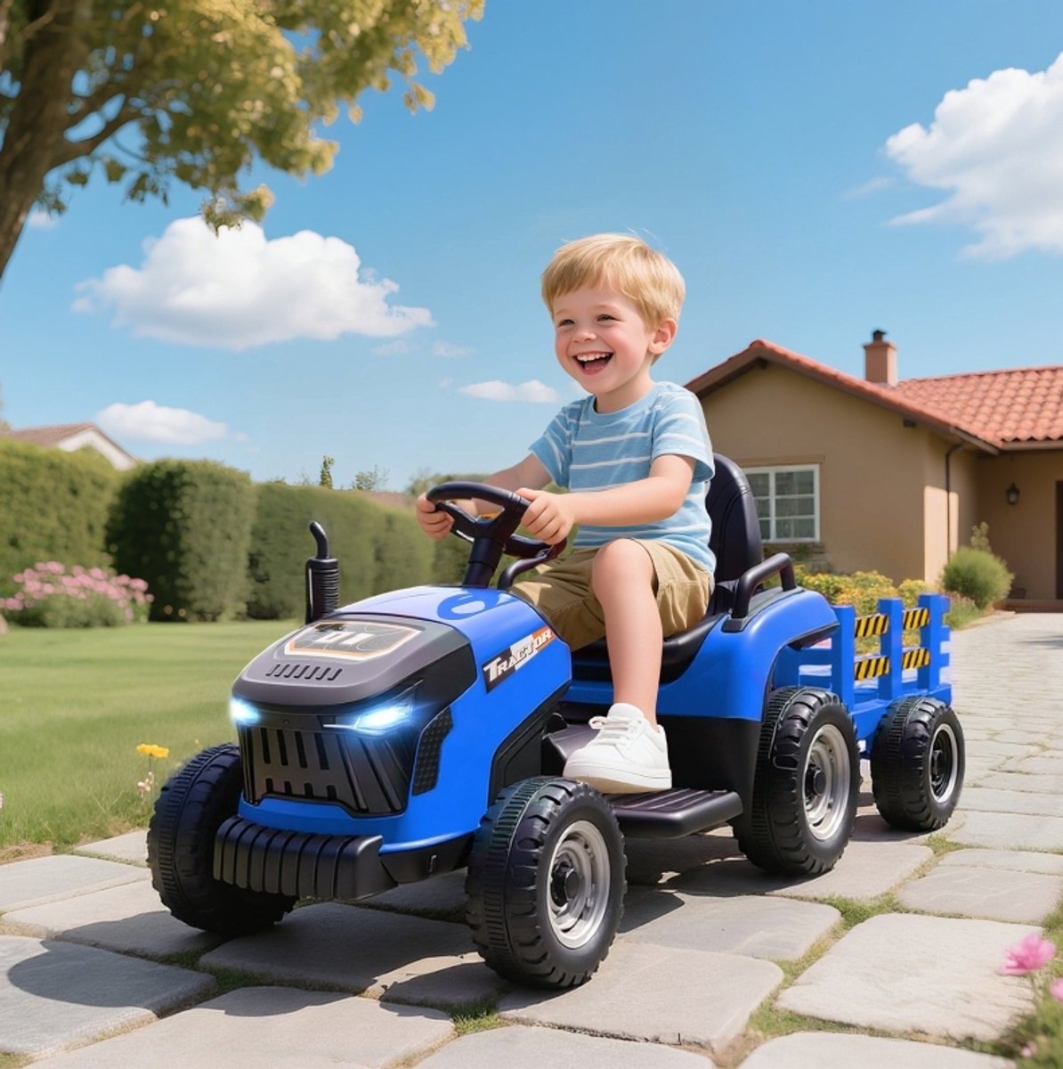 COVREO Elektrische kindertractor 139x58x55 cm blauw, kunststof met aanhanger