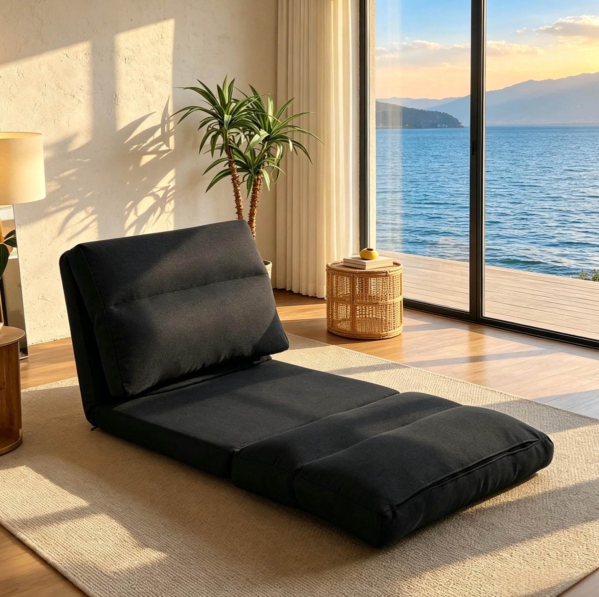 MIVRAY Vloersofa 70 x 72 x 56 cm - Verstelbare Rugleuning Met 5 Standen - Voor Woonkamer En Lounge - Polyester - Zwart