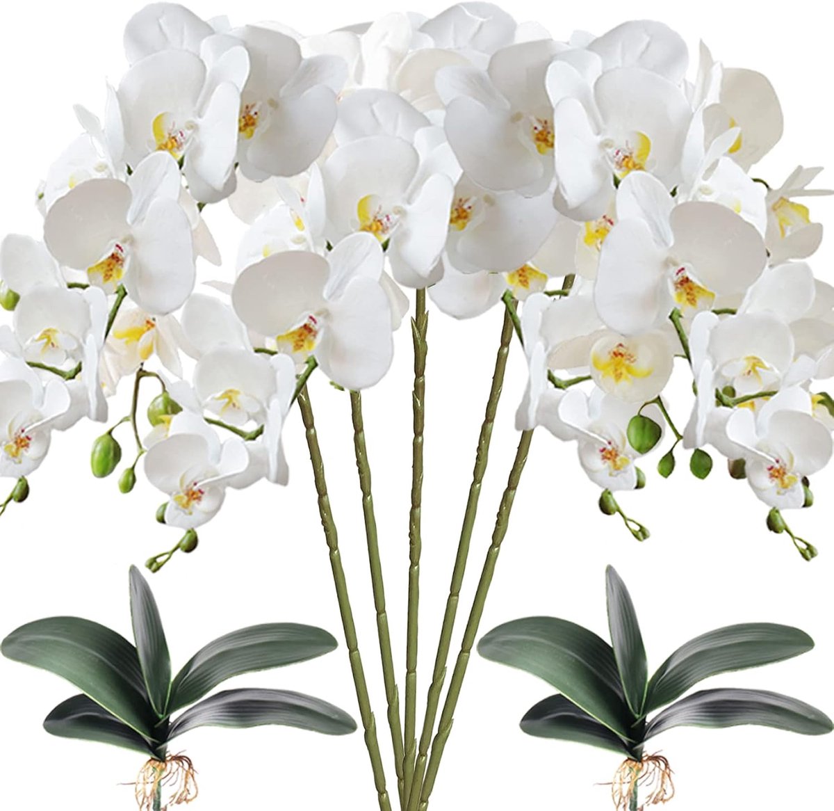 5 stuks kunstmatige phalaenopsis-bloemen en 2 bundelbladeren