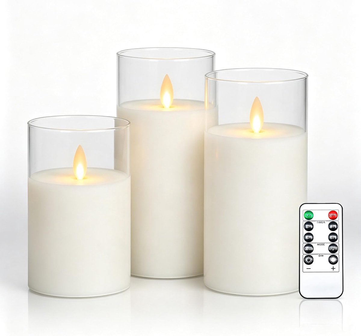 by Vlamloze kaarsen met glazen effect 4 "5" 6" Set van 3 druppelloze echte waspijlers omvatten realistische dansende LED-vlammen en 10-toetsen afstandsbediening met 24-uurs timerfunctie